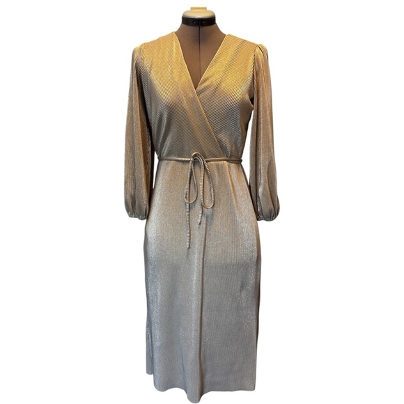 Ann Taylor | NWT | Metallic Pleated Faux Wrap Dress | XSP Petite - Picture 5 of 11